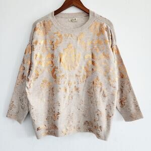 Oversized Cream Beige Metallic Rose Gold Leaf Print Sweatshirt Size Small